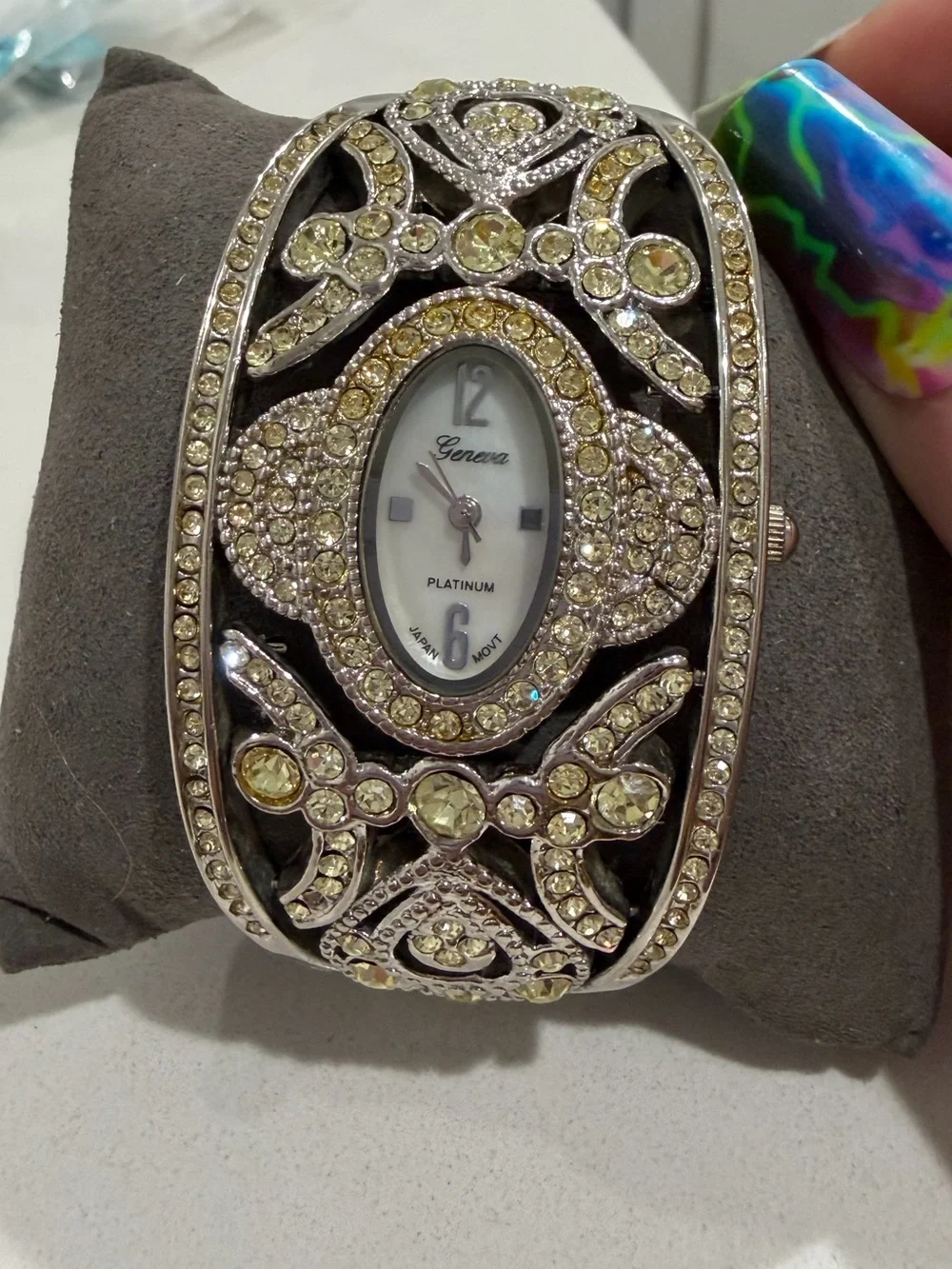 Stunning Geneva green, yellow and white Crystal Cuff Watch
